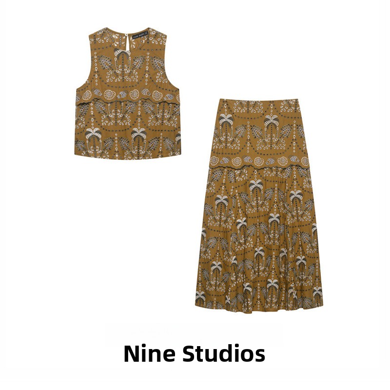 Midi Skirt Floral - 나인자르 여성 패션 세트 민소매 베스트