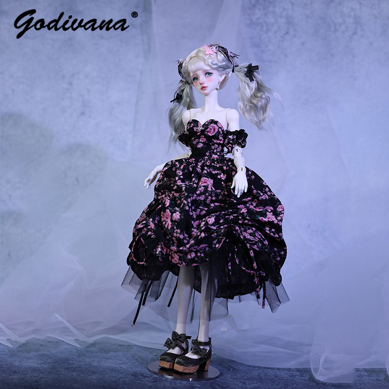 1/4 BJD 인형용 의상: 검은색 바탕에 분홍색 꽃무 - Midi Skirt Floral 리뷰 및 가격